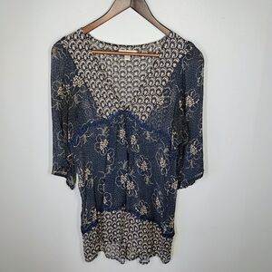 Lux Anthropologie 100% Silk Sheer Top Flowy Floral Navy Blue Boho Size Medium